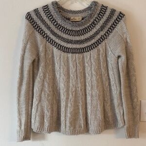 Hollister Light Tan Cable Knit Fair Isle Nordic Casual Winter Pullover Sweater